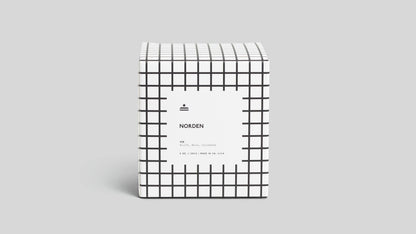 White box with black grid pattern and 'Norden' branding on a light gray background