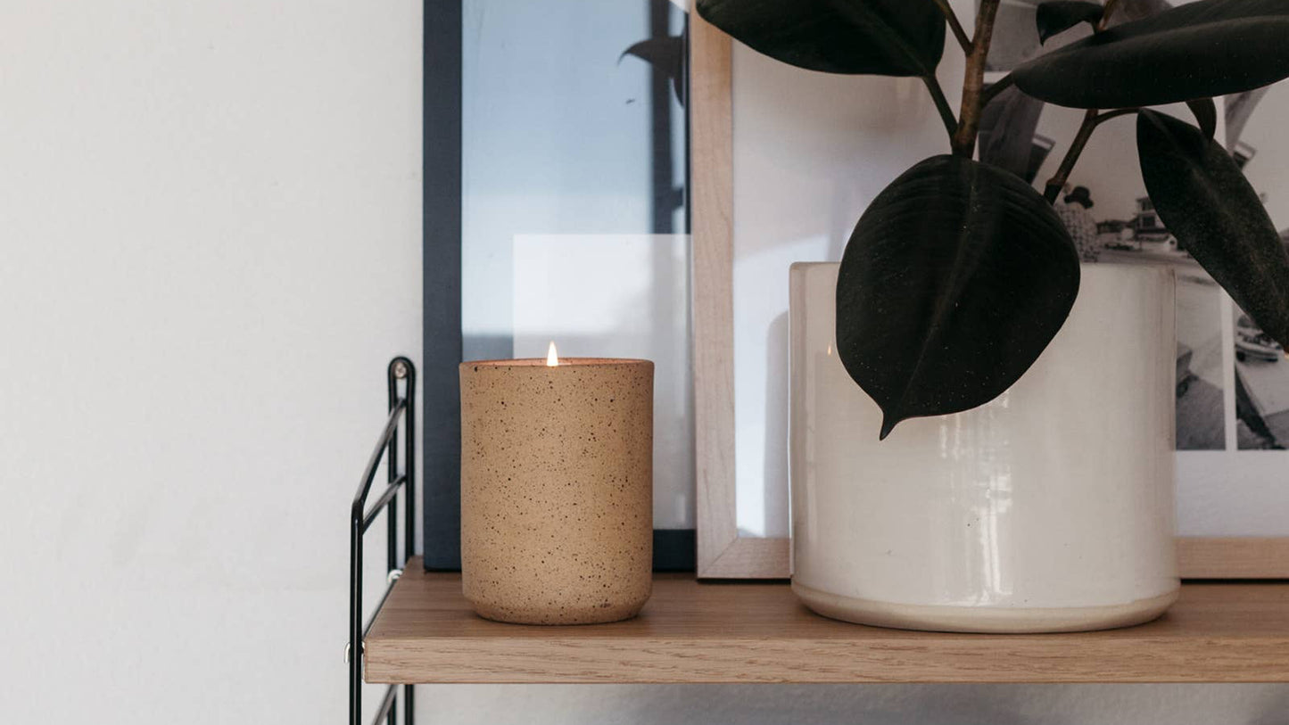 Bookshelf with a plant, candle, and books against a white wall